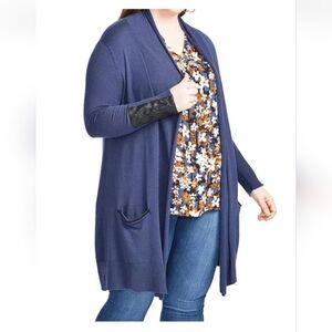 NWT Long Navy Blue Stretchy Duster Cardigan Faux Leather Trim Jacket Pockets 1X